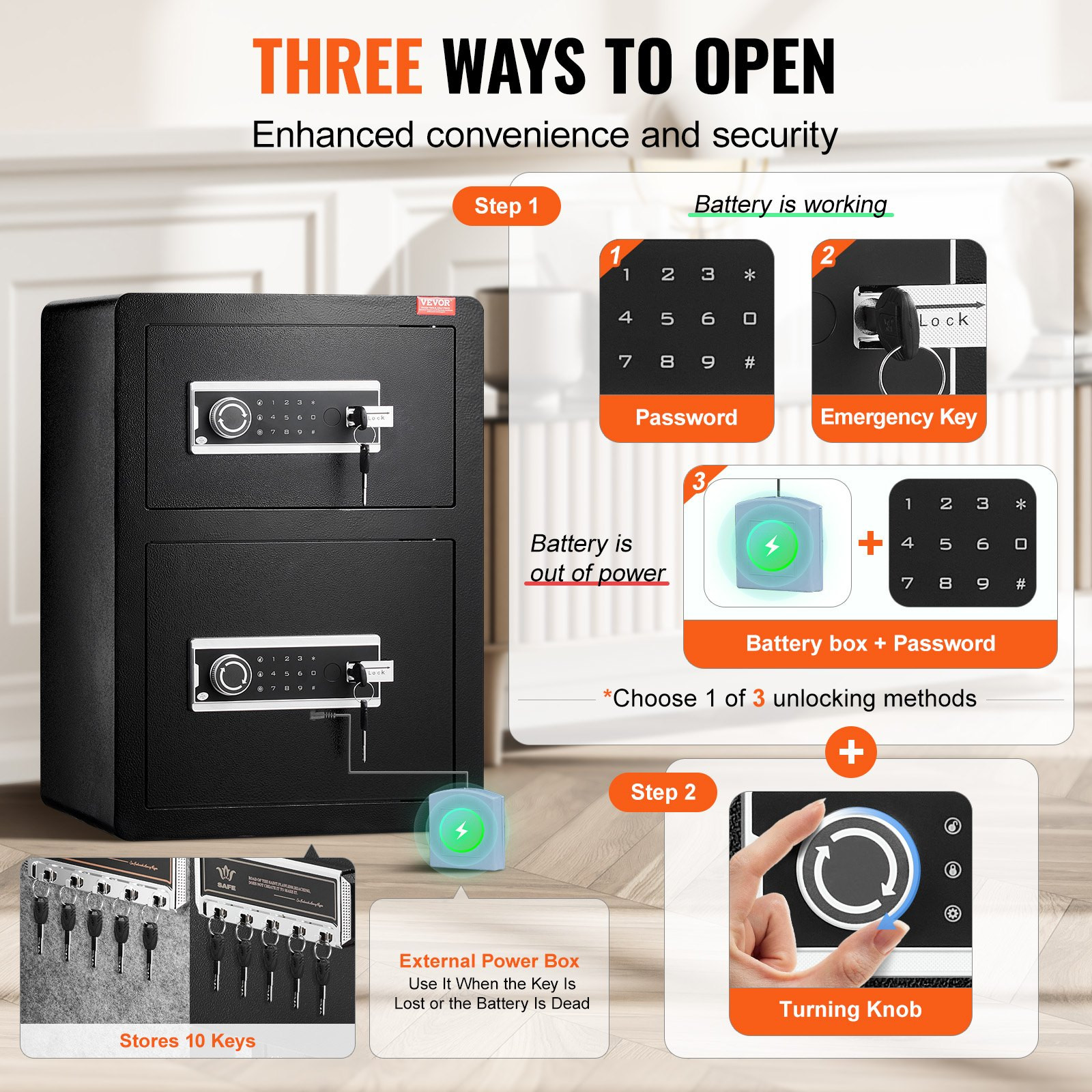 Double Doors 3.5 Cu Ft Safe Box With Key Lock& Password, Safe Lock Box With Fireproof Bag, Key Rack, LED Light And 2 Height Adjustable And Removable Divider For Money, Documents, Jewelry And
