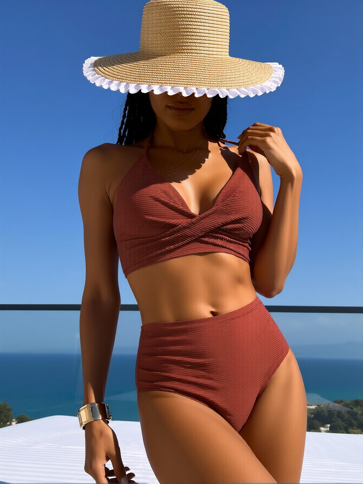 2026 New Caramel Brown Textured Halter Cross V Neck High Waist Bikini Set Women Tummy Control Slim Two-Piece Swimsuit For Beach Vacation, Retro Vibe Style