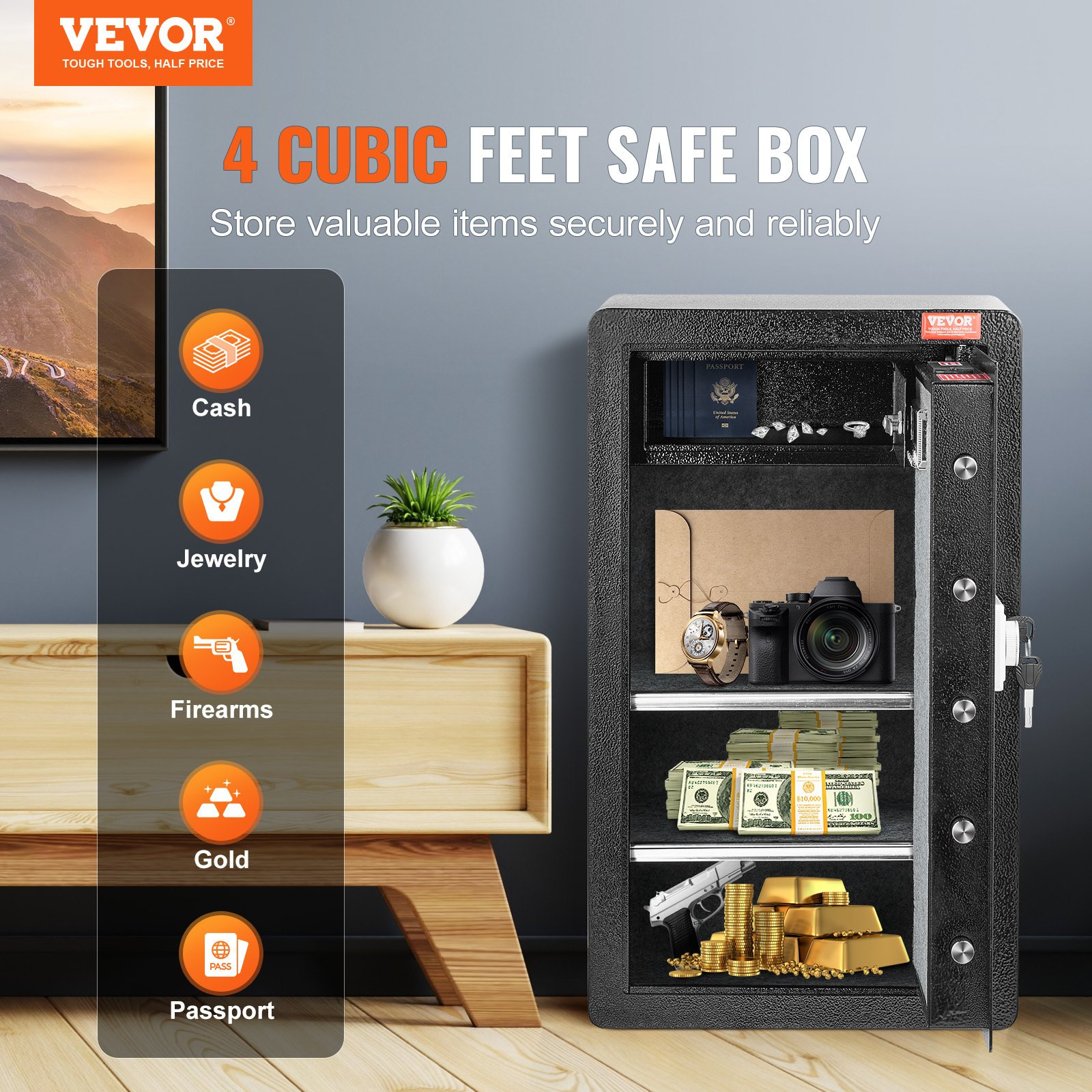 Single Door 4.0 Cu.ft Safe Box With Key Lock & Password, Safe Lock Box With Fireproof Bag, Key Rack, LED Light, 2 Shelves, And 1 Cabinet For Money, Documents, Jewelry, And Valuables, Black